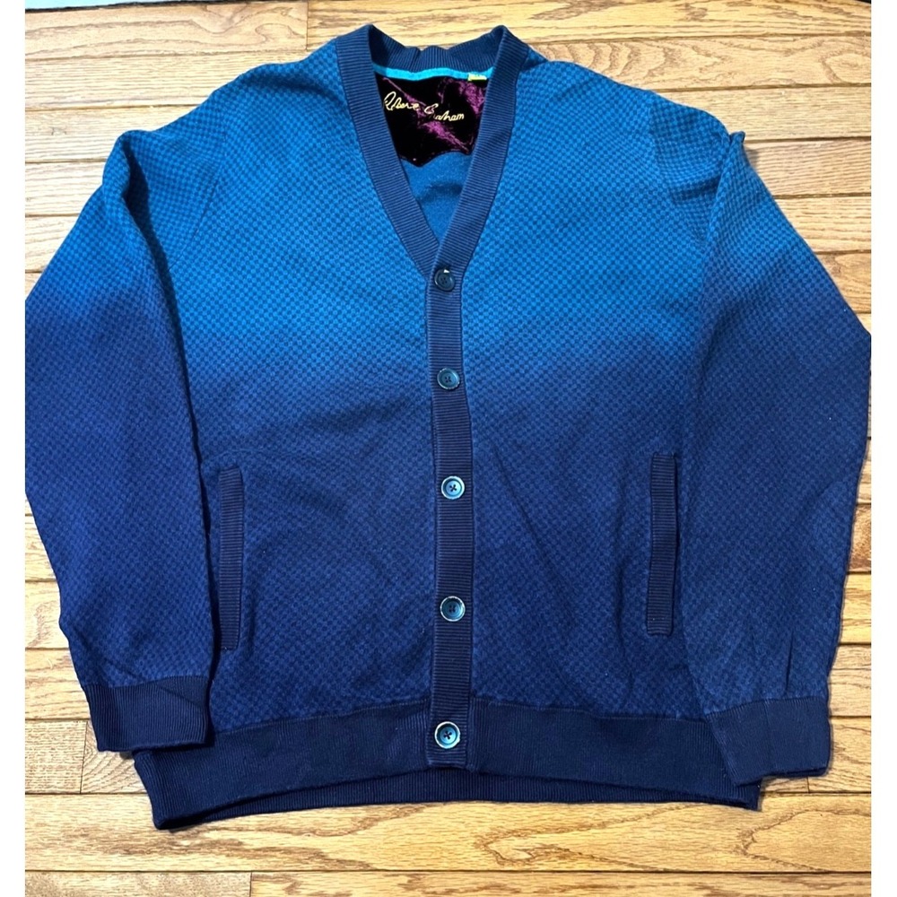 Robert Graham Cardigan Men XL Blue Fade Diamond Knit Button Down Grandpa Sweater
